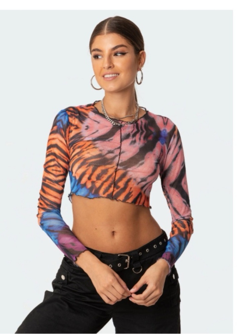 Edikted Sheer Tie-Dye Crop Top in Orange, Blue & Black